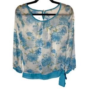 Sheer Floral Blouse Womens Medium Side Tie Long Sleeve Boho Festival Fairy Chic